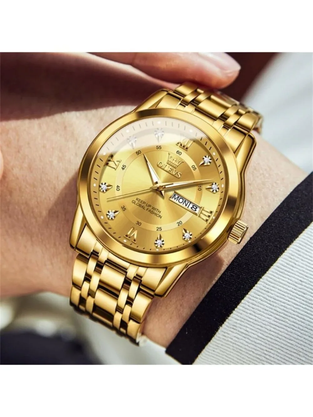 Men's Gold Quartz Stainless Dimond Steel Waterproof Luminous Luxury Wooden Watch